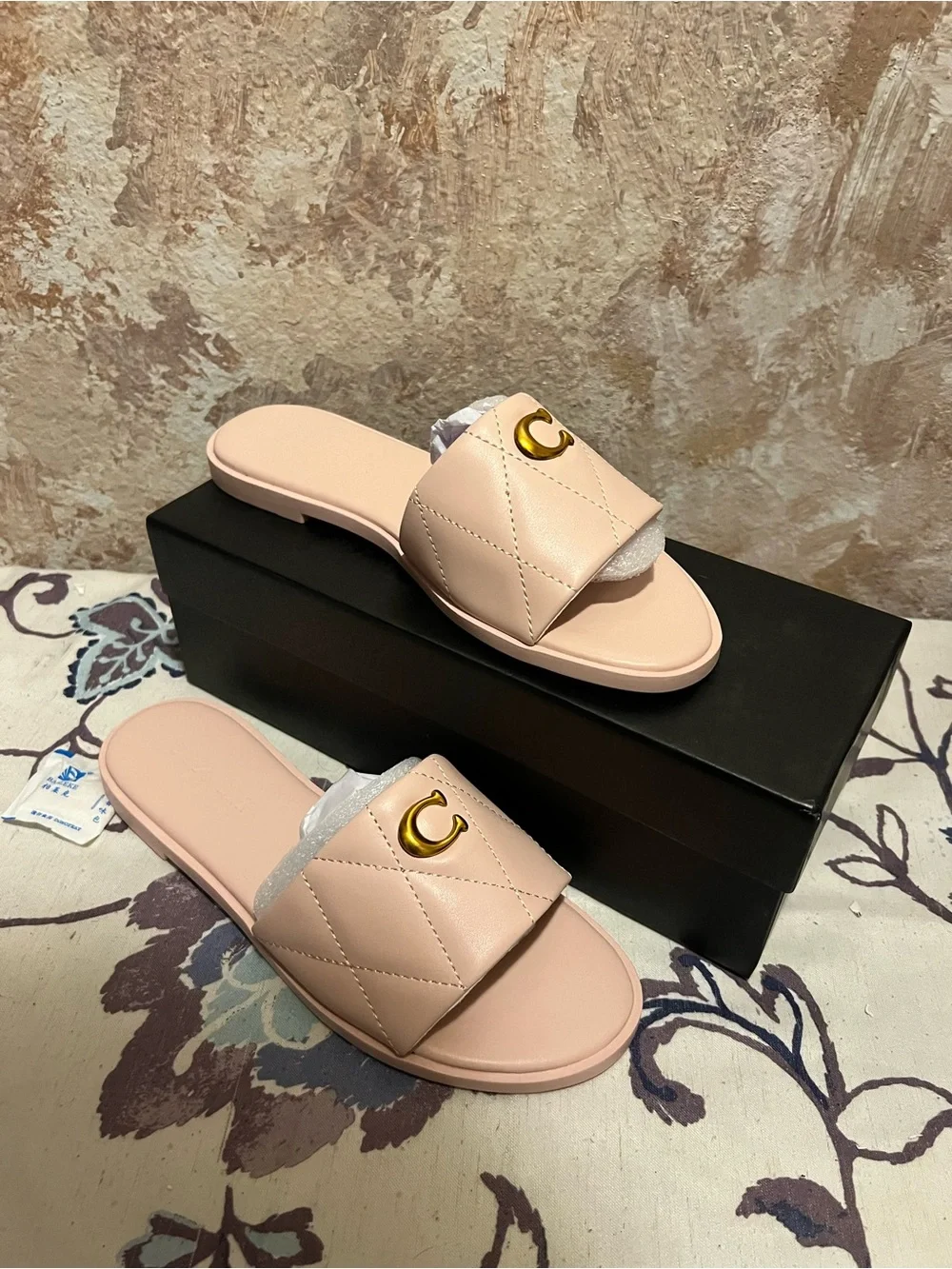 Quilted Pink Leather coach Slide Sandals with Gold Accent - Picture 1 of 4